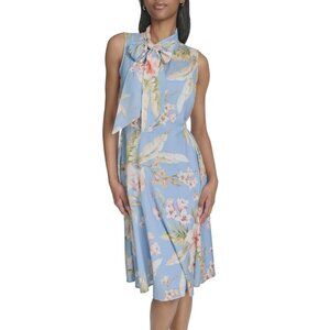 NWT Halston Women's Sleeveless Tie Neck Knee Length Shift Dress, Breeze Multi 14